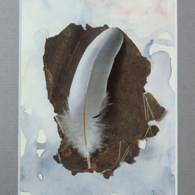 "Federliebe", Draufsicht nah, von Sandra Egert, Close-up-Serie, Wandobjekt mit Aquarell, L 14,5 x B 9,5 cm , H 3 cm, in grau passepartouriert, B 18 x L 24 cm